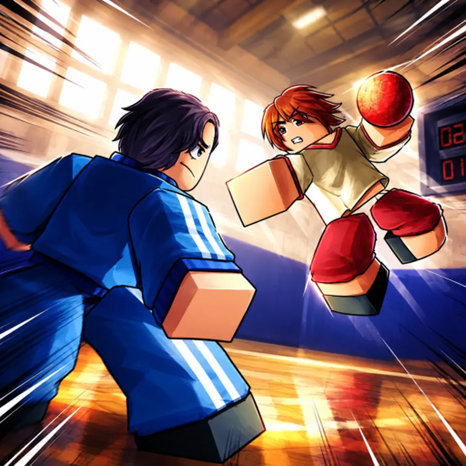 Dodgeball Zero official icon: two players on a gym court, one jumping with the ball